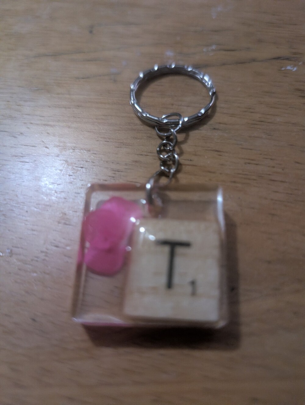 Pink Letter T Keychain Charm with Clear Resin Cube